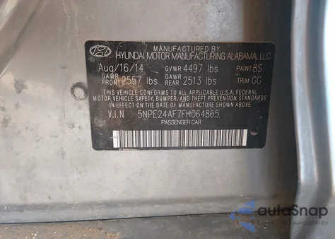 2015 Hyundai Sonata Se из США, поврежденный, VIN 5NPE24AF7FH064865